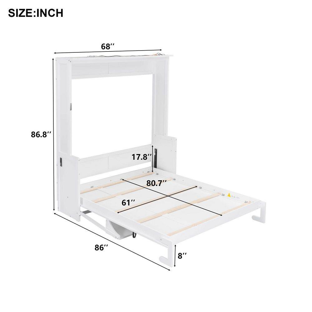 White Wood Frame Queen Murphy Bed with Desk, LED Lights and USB Charging Station - thumbnail 9