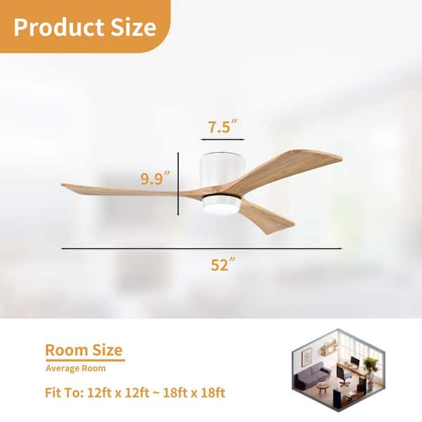 52 in. Integrated LED Indoor Flush Mount White/Oak Standard Ceiling Fan with Light and Remote 6-Speed