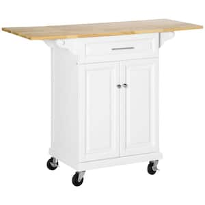 Rolling Drop Leaf White Wood Top 47 in. Kitchen Island with Adjustable Shelf and Drawer