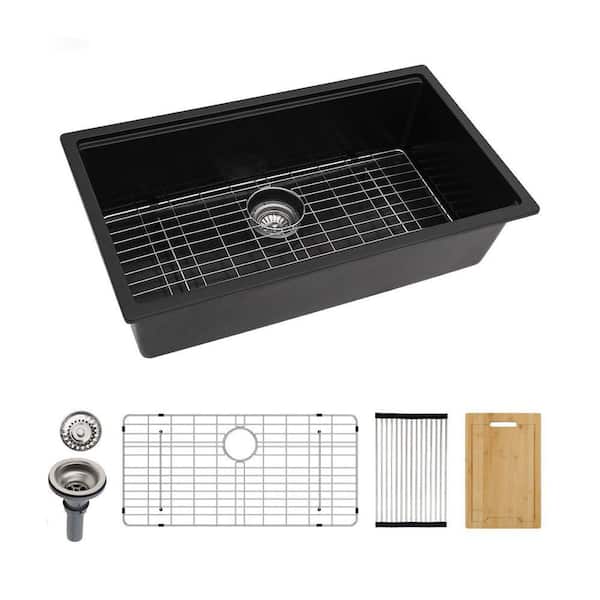 32 in. Undermount Sink Black Granite/Quartz Composite Single Bowl Workstation Kitchen Sink with Bottom Grid