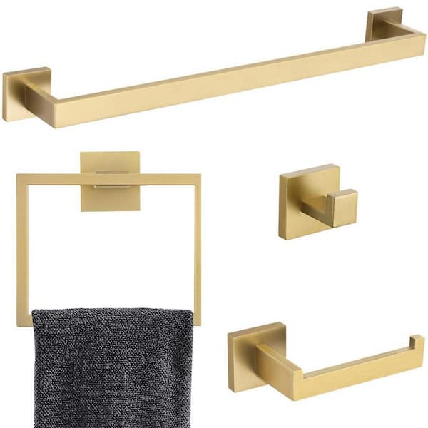 Cubilan 4-Piece Bath Hardware Set with 23.6 in. Towel Bar, Toilet Paper Holder, Towel Ring and Towel Hook in Brushed Gold