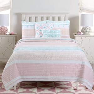 Pastel Stripped Star Ruffle Embroidered Floral 3-Piece Light Pink Peach Blue White Cotton Queen Quilt Bedding Set