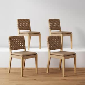 Cohen 19 in. Wood Mid-Century Modern Side Dining Chair with Woven Faux Leather Back for Kitchen, Natural Brown, Set of 4