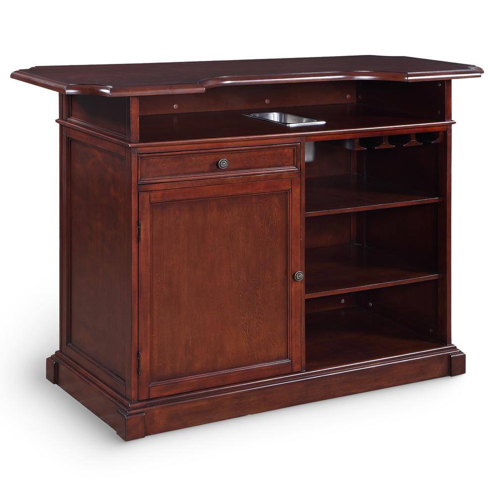 Mahogany Finish Poplar Wood Home Bar with Storage and Shelves
