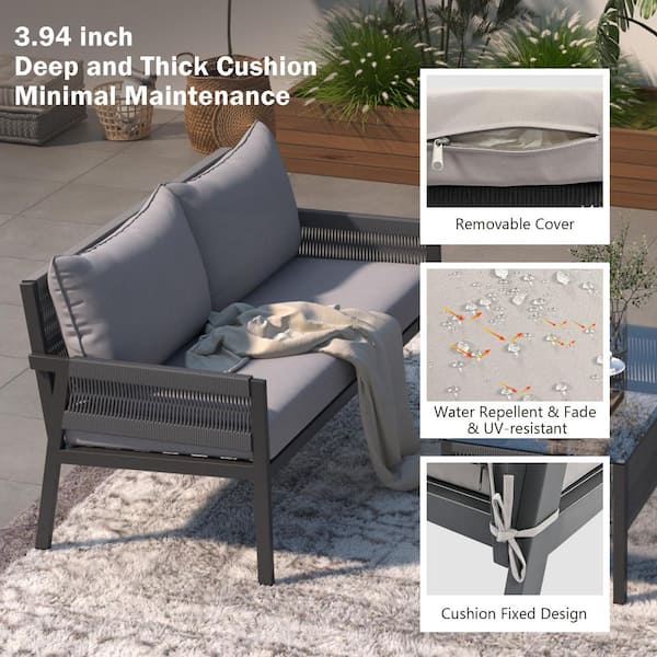 4-Piece Rope Outdoor Patio Conversation Set with Adjustable Feet, Washable Cushion and Large Carrying Capacity in Gray
