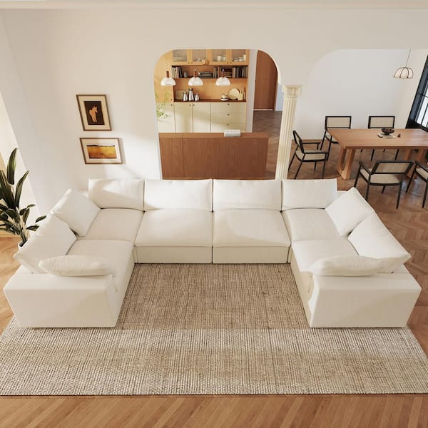 V-shaped 157 in. Square Arm Down Filled Linen 6-Piece Cloud Modular Sectional Sofa Couch in White with Removable Covers