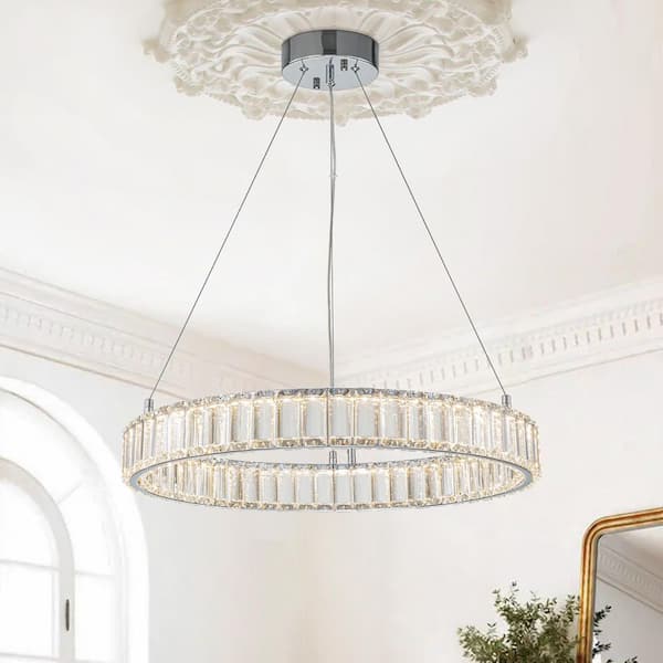 Y'INSP 25-Watt 1 Light Chrome Modern Crystal Chandelier Integrated LED Ring Pendant Light Fixture Round Hanging Ceiling Light
