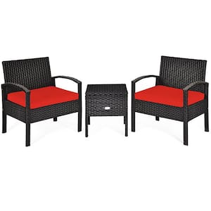 3-Pieces Wicker Patio Conversation Set 2-People Rattan Sofa Seating and Coffee Table Group with Red Cushion