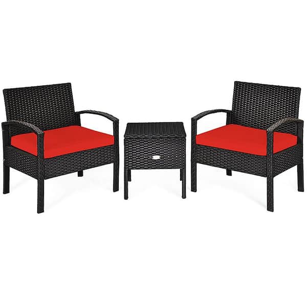 Boyel Living 3-Pieces Wicker Patio Conversation Set 2-People Rattan Sofa Seating and Coffee Table Group with Red Cushion