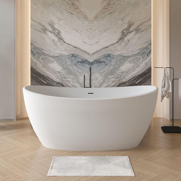 Moray 61 in. x 31.5 in. Solid Surface Stone Resin Flatbottom Freestanding Bathtub Soaking Bathtub in Matte White