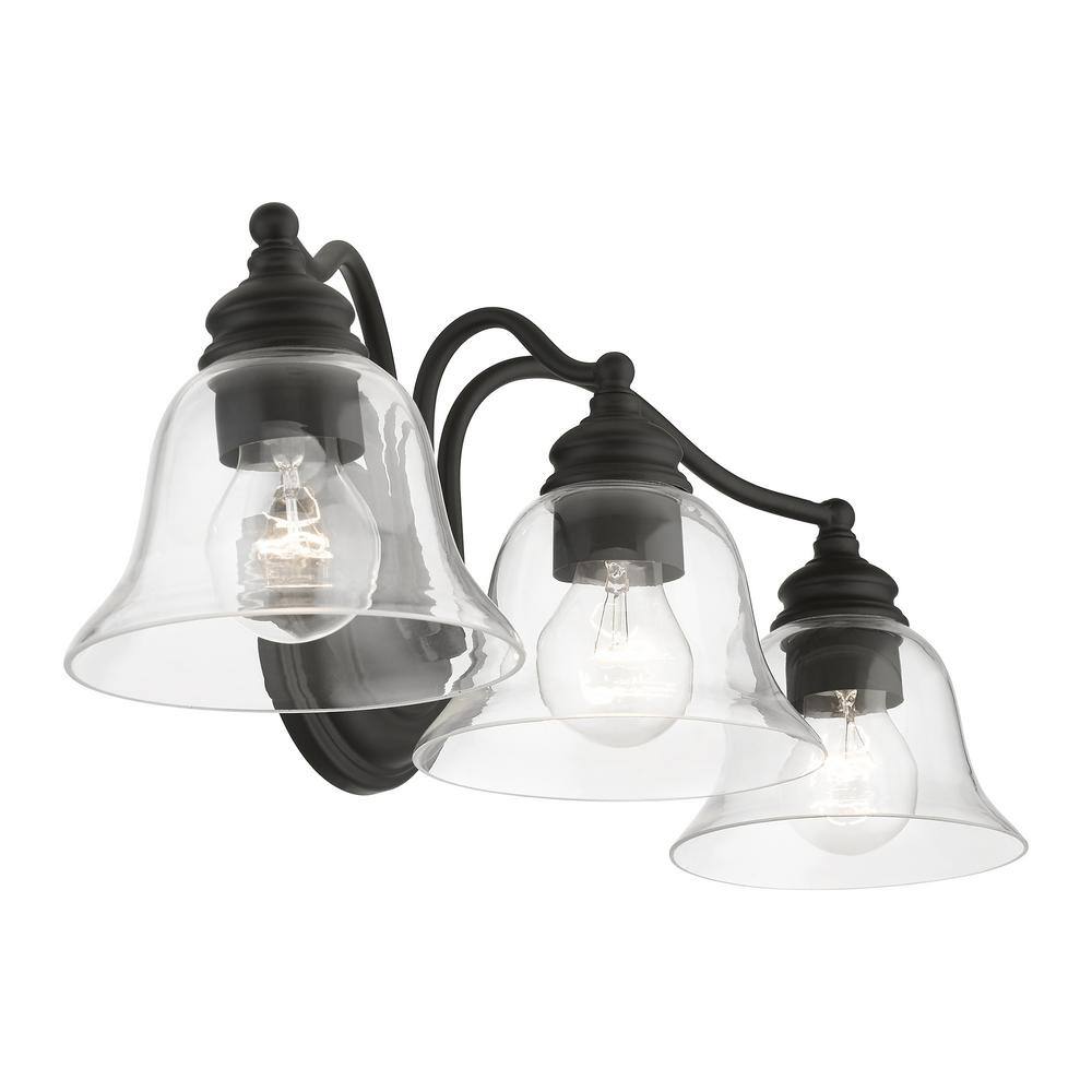 Moreland Transitional 3-Light Vanity Sconce in Black with Hand Blown Glass