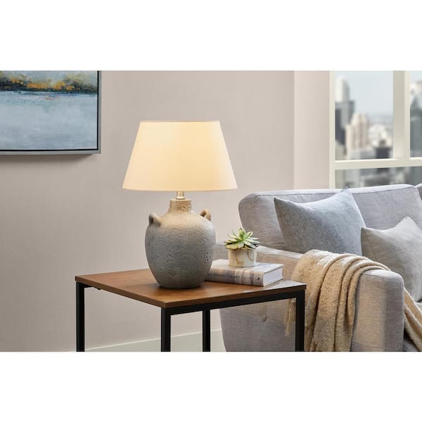 Hampton Bay Ripken 19.25 in. Textured Grey Artisan 1-Light Ceramic Table Lamp with White Fabric Bell Shade