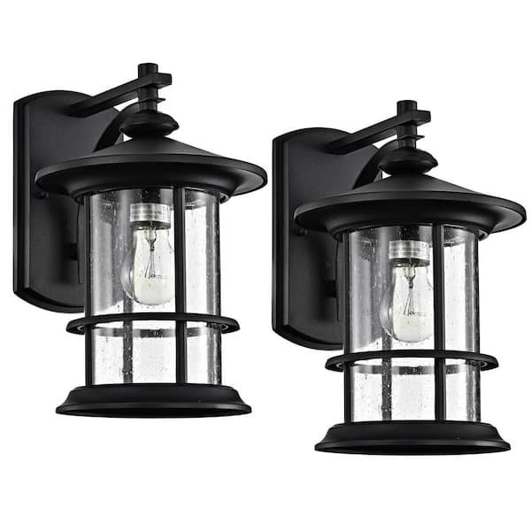 Clihome Vintage 1-Light Black Outdoor Wall Lantern Sconce with Clear Seedy Glass (Set of 2)