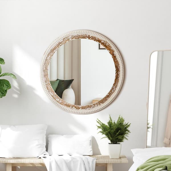 27 in. W x 27 in. H Round Beaded Framed Floating Wall Bathroom Vanity Mirror in Antique White