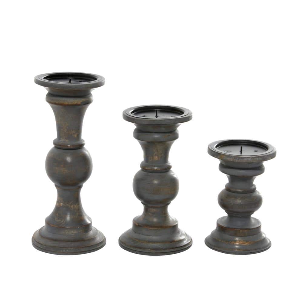 Dark Brown Matte Wood Pillar Candle Holders Set of 3