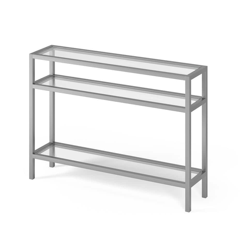 Satin Nickel Industrial Console Table with Tempered Glass Shelves