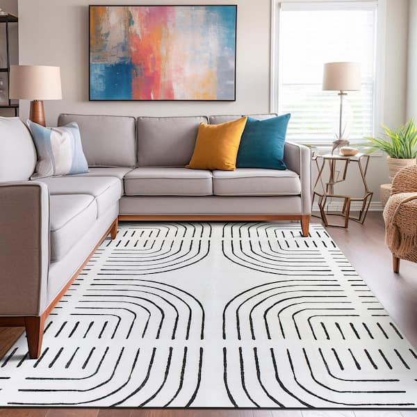 Bohemian Lines Washable Non Slips Ivory 3 ft. x 5 ft. Area Rug