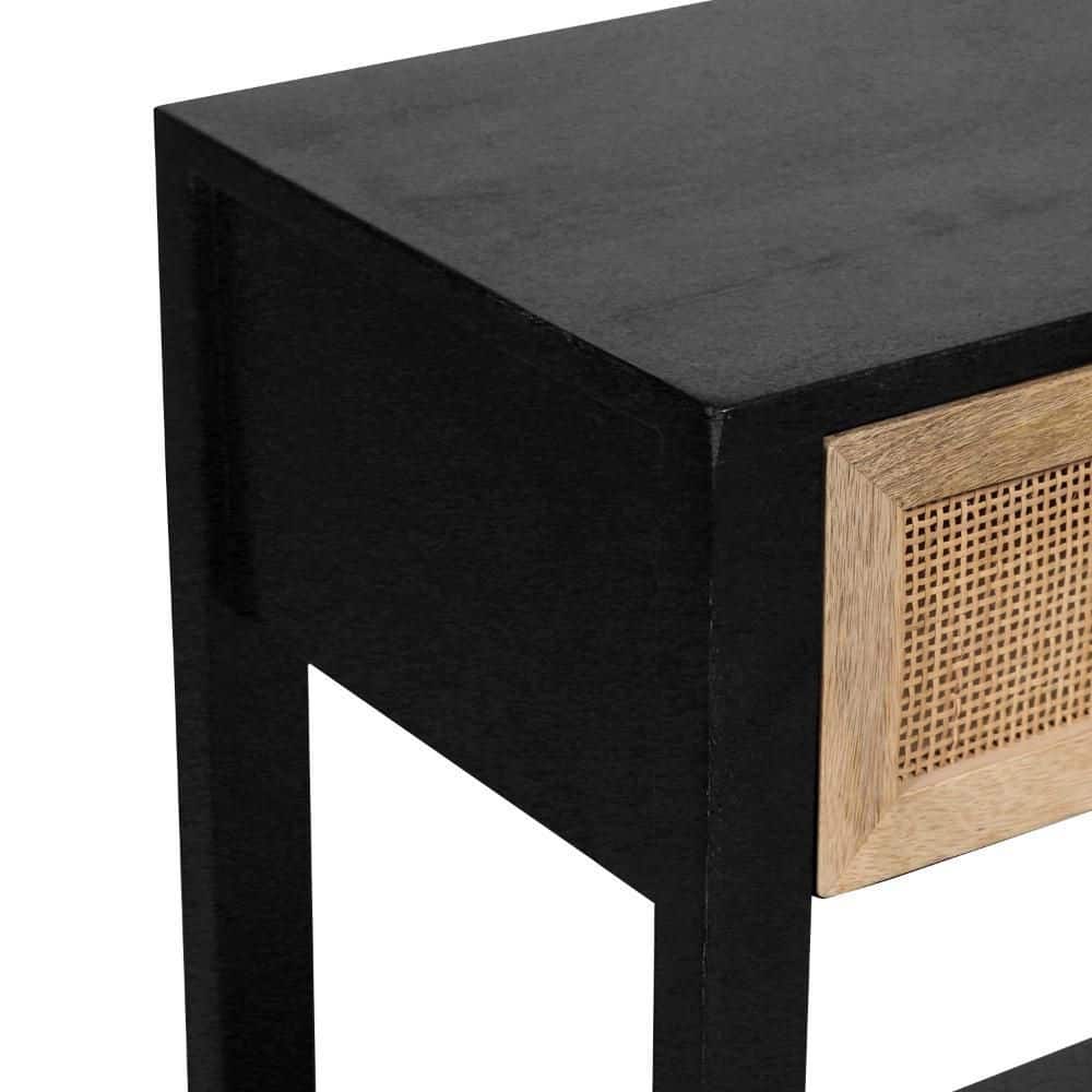 Tia 22 Inch Black Pine Wood Side Table with Rattan Drawer