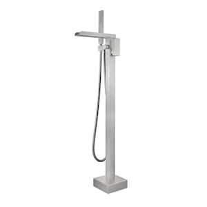 Single-Handle Waterfall Freestanding Tub Faucet with Hand Shower Brass Floor Mount Bathtub Filler in Brushed Nickel