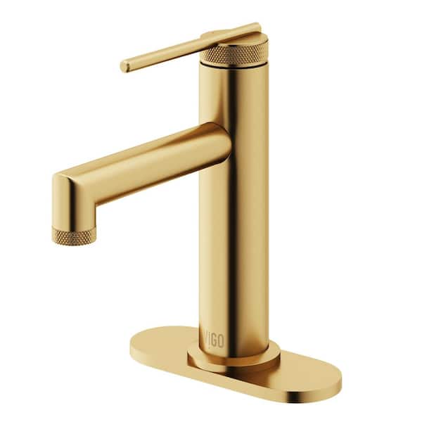 VIGO Sterling Single Handle Single-Hole Bathroom Faucet Set with Deck Plate in Matte Brushed Gold