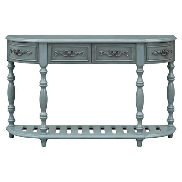 Unbranded 52.00 in. W x 13.00 in. D x 32.20 in. H Antique Blue Linen Cabinet Curved Console Table with 4 Drawers and 1 Shelf