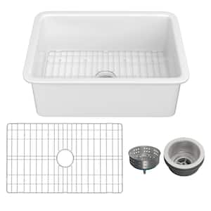 White Fireclay 27 in. Single Bowl Round Corner Undermount/Drop-In Kitchen Sink with Bottom Grid and Basket Strainer