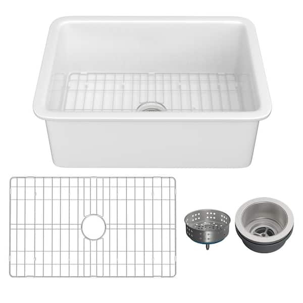 TOBILI White Fireclay 27 in. Single Bowl Round Corner Undermount/Drop-In Kitchen Sink with Bottom Grid and Basket Strainer