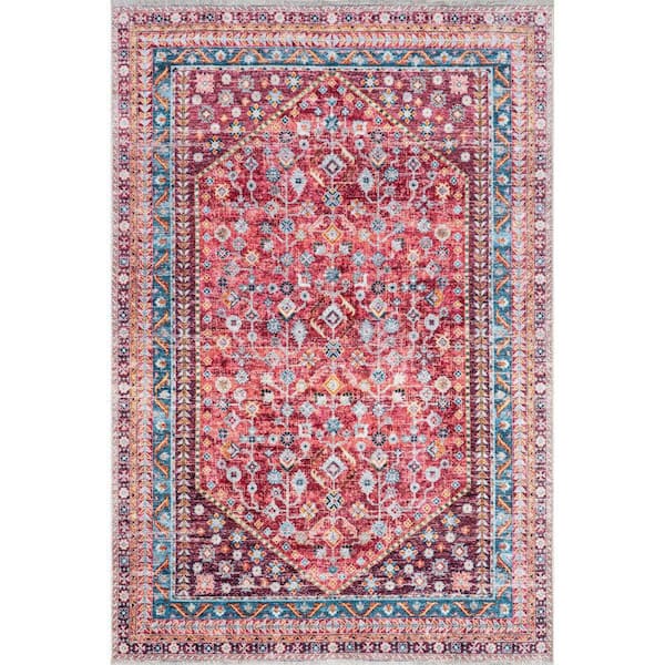 Sunsari Geometric Machine Washable Pink 4 ft. x 6 ft. Indoor/Outdoor Patio Rug