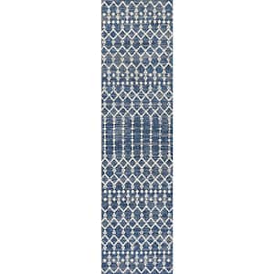 Ourika Moroccan Geometric Textured Weave Navy/Beige 2 ft. x 10 ft. Indoor/Outdoor Area Rug