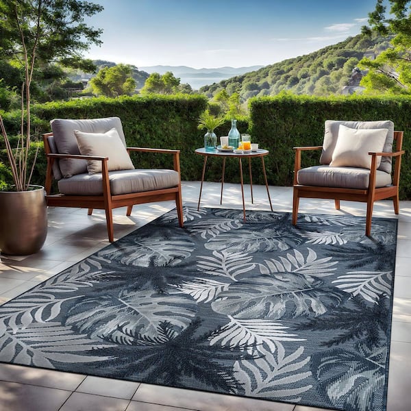 Jungle Navy 8 ft. x 10 ft. Washable Tropical Floral Indoor Outdoor