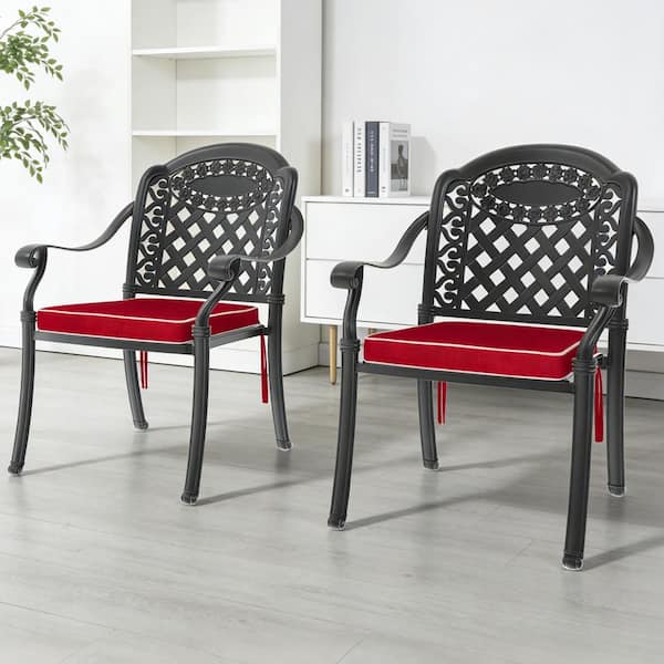 Black Cast Aluminum Patio Dining Chair With Red Cushions (2-Pack)