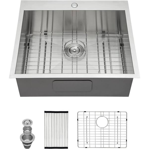 Logmey 25 in. Drop in Single Bowl 18 Gauge Stainless Steel Kitchen Sink with Bottom Grids