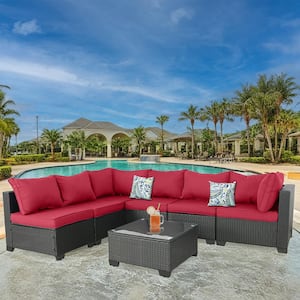 7-Piece Wicker Outdoor Patio Conversation Furniture Seating Set with Red Cushions and Pillow