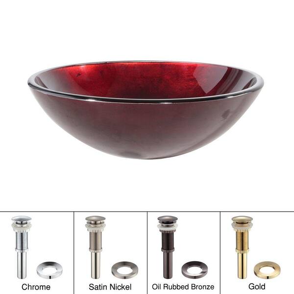 KRAUS Irruption Glass Vessel Sink in Red with Pop-Up Drain and Mounting Ring in Gold