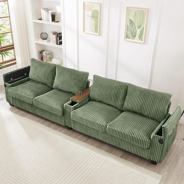 133 in. Square Arm Corduroy Rectangle Sofa in. Green with USB Ports, Hidden Storage Arms, Flip-Top Cup Holders