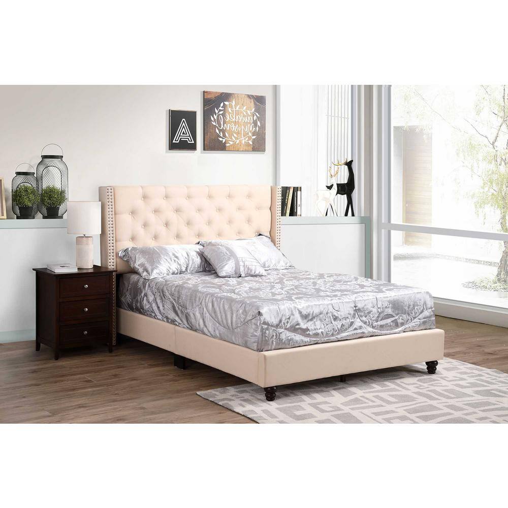 Julie Beige Velvet Tufted Full Panel Bed with Nailhead Trim