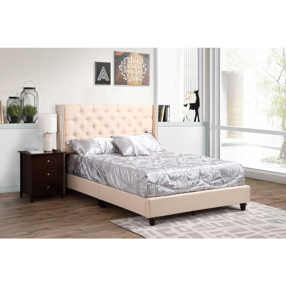 Elegant Beige Velvet Tufted Queen Bed with Nailhead Trim