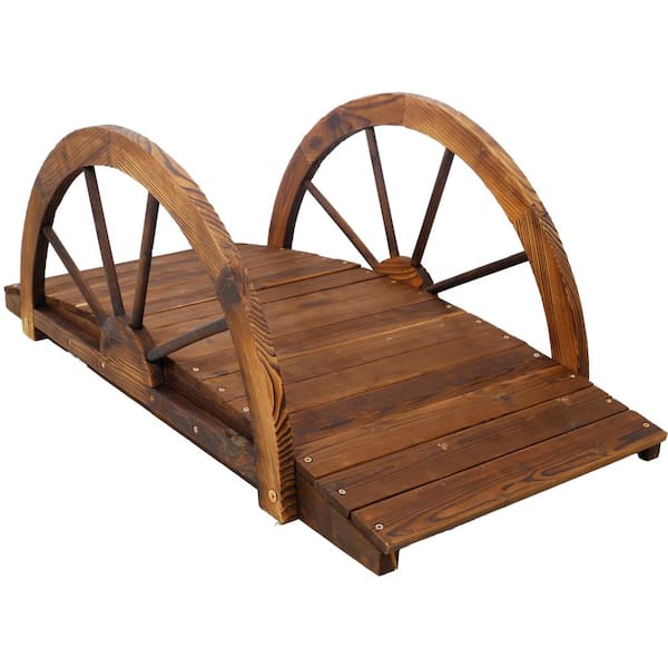 Oyezvary 3.3 ft. Miniature Garden Bridge Arc Footbridge w/Half-Wheel Style Railings & Stained Wooden Solid Fir Construction Brown