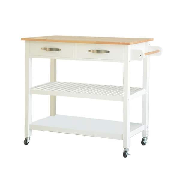 Amucolo 45 in. White Wood Kitchen Cart Kitchen Island with Two Bottom shelves, Drawers and Lockable Wheels