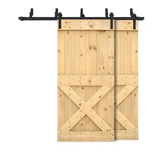 96 in. x 84 in. Mini X-Bypass Unfinished DIY Solid Wood Interior Double Sliding Barn Door with Hardware Kit