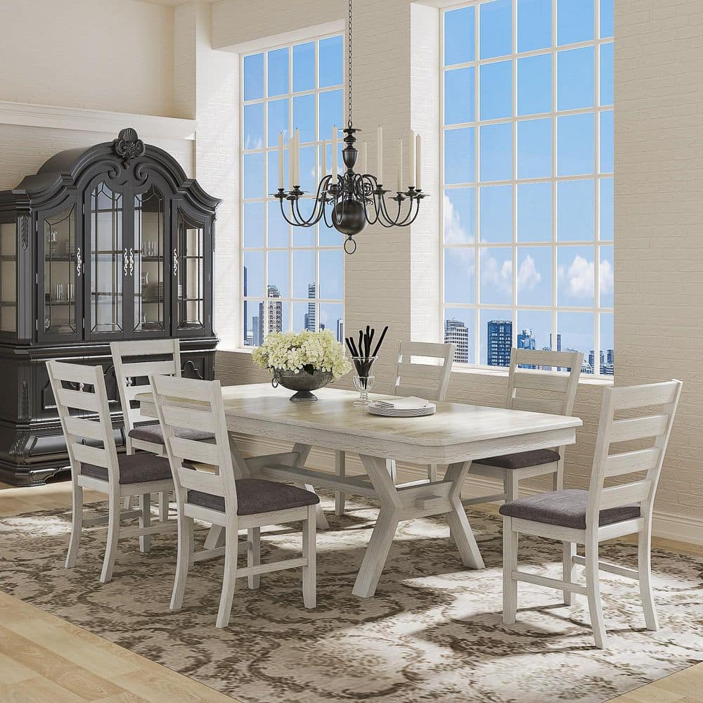 7-Piece Expandable Dining Room Table Set with 6 Upholstered Chairs Farmhouse Style Wooden Dining Set for 6, Gray Finish