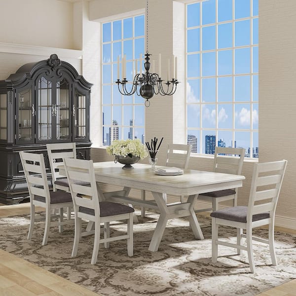 7-Piece Expandable Dining Room Table Set with 6 Upholstered Chairs Farmhouse Style Wooden Dining Set for 6, Gray Finish