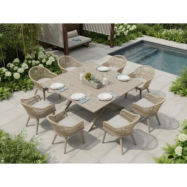9 Piece Aluminum All-Weather PE Rattan Square Outdoor Dining Set with Cushion, Champagne