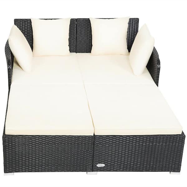 Angeles Home Cushioned Wicker Rattan Outdoor Daybed Thick Pillows Lounge Chair with White Cushion