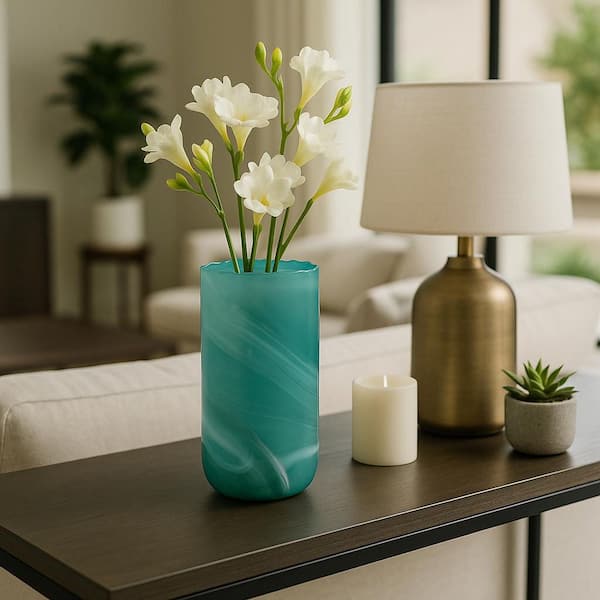 14.25 in. Blue Turquoise Glass Large Cylinder Swirled Pattern Decorative Vase