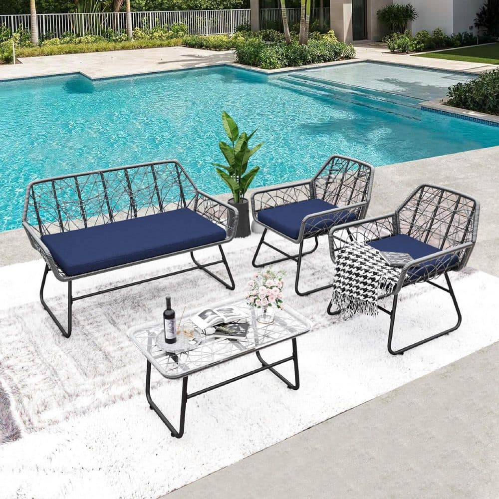 4-Piece Wicker Outdoor Patio Conversation Set with Blue Cushions, Coffee Ta