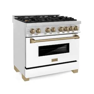 Autograph Edition 36 in. 6 Burner Dual Fuel Range in Stainless Steel, White Matte and Champagne Bronze