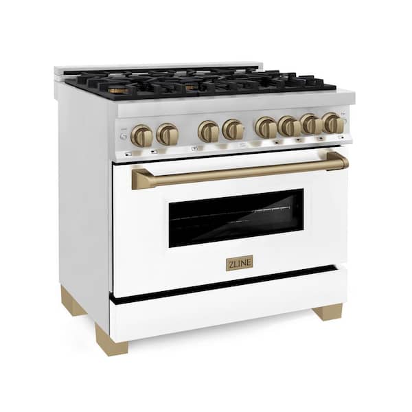 ZLINE Kitchen and Bath Autograph Edition 36 in. 6 Burner Dual Fuel Range in Stainless Steel, White Matte and Champagne Bronze
