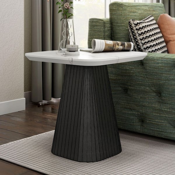 Jones 22 in. Black Square Faux Marble Top End Table with Soft Curved Edges and Reeded Drum Base