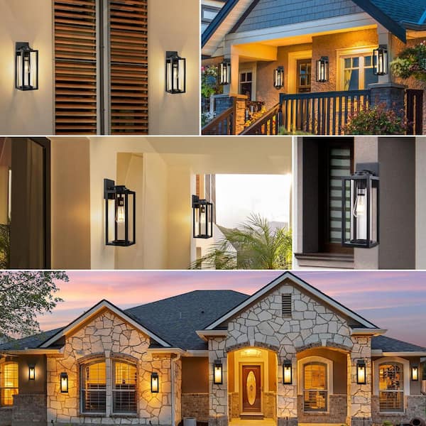 2-Light Black LED Wall Sconce with Clear Glass Shade, Waterproof Outdoor Light Fixture for Porch or Garage, No Bulbs